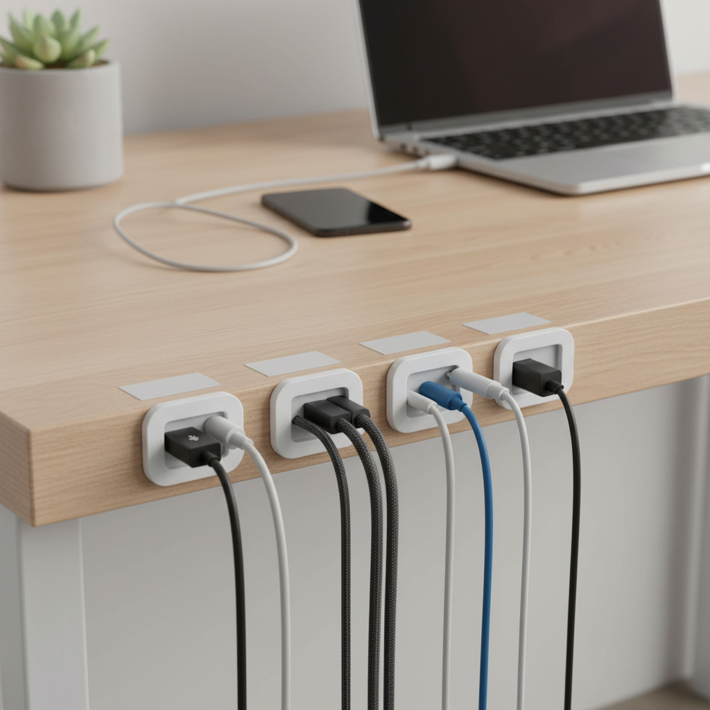 Organizador cables blanco en escritorio
